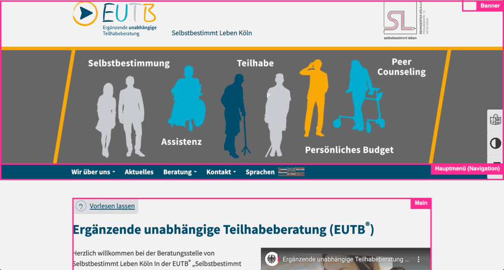 Screenshot der EUTB Website mit angezeigten Landmarks